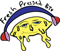 Fresh Pressed BTV a drawing of a melting lemon with a face wearing purple and red headphones