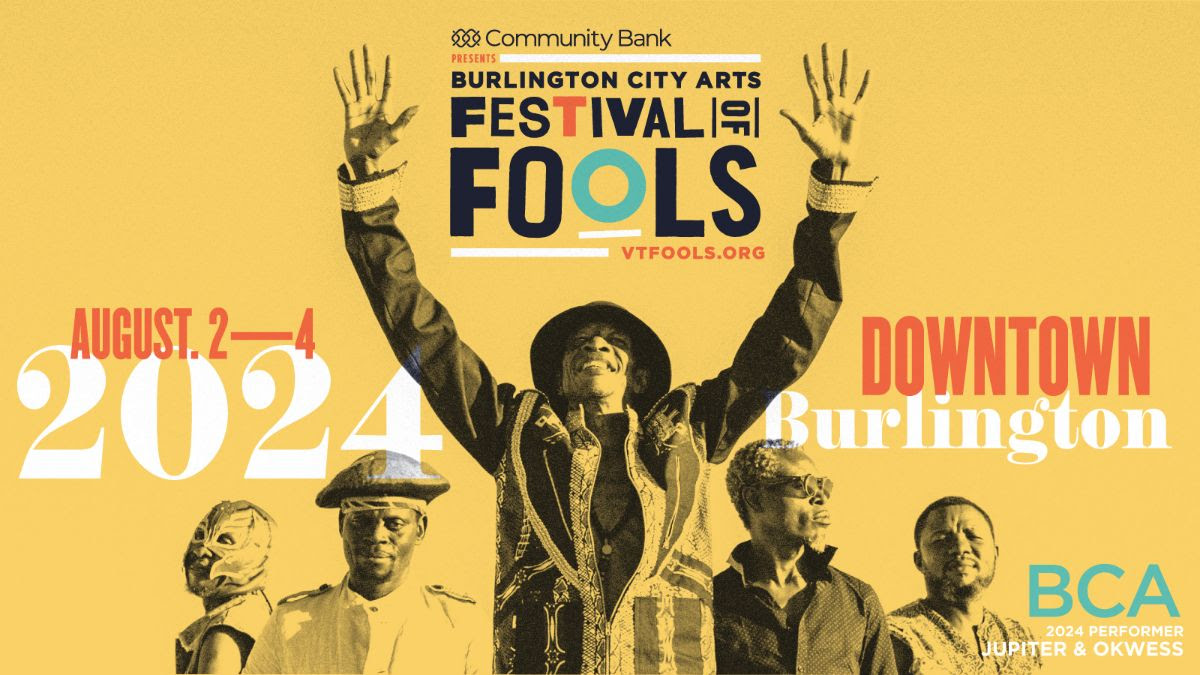An image promoting the 2024 Festival of Fools featuring the band Jupiter & Okwess
