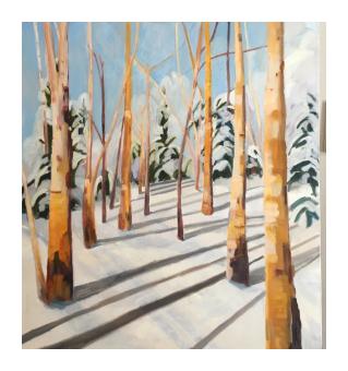 a painting of bare yellow birch trees in a snowy forest, with evergreen trees and a blue sky in the background