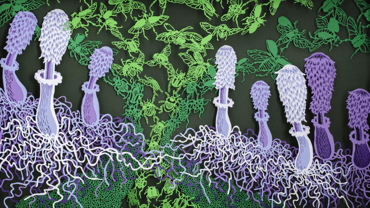 mushrooms made from various shades of purple cut paper, againsta. green background with lighter green bees made from cut paper.