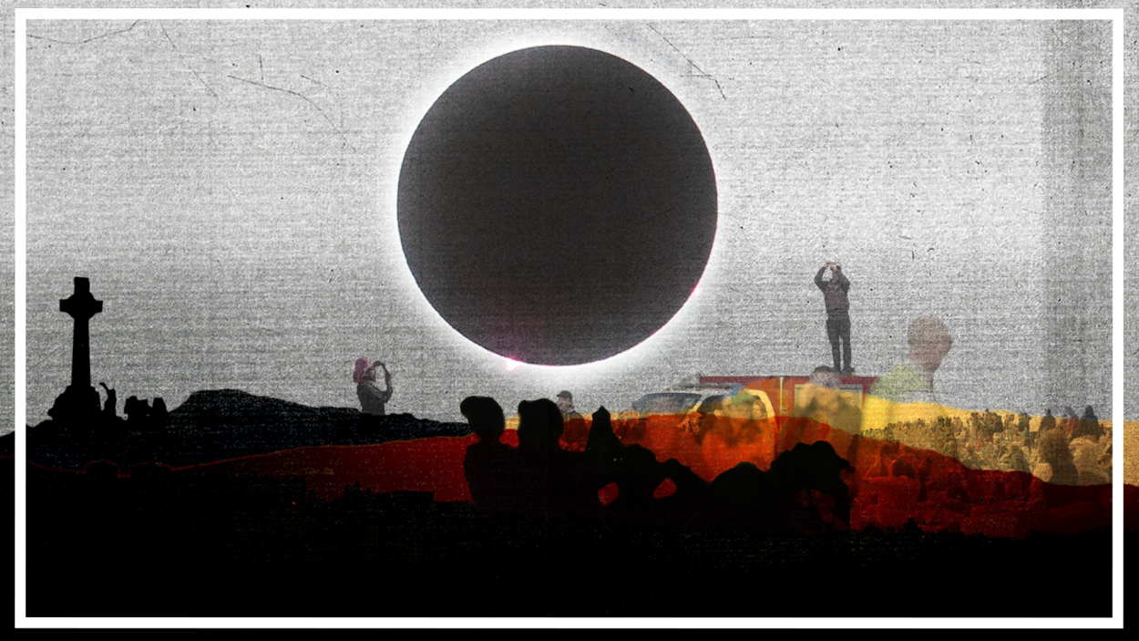 Graphic of eclipse rendering over a collage of viewing patrons