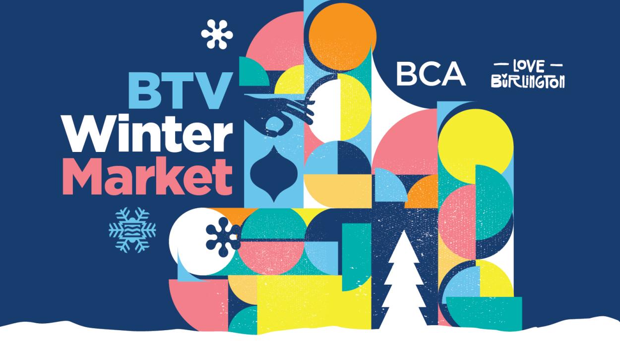 A festive design of geometric shapes promoting the Holiday Winter MArket