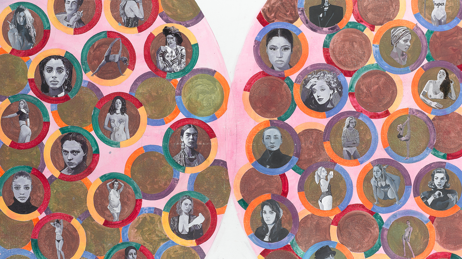 A painting featuring women in small black and white circles against a colorful backdrop.