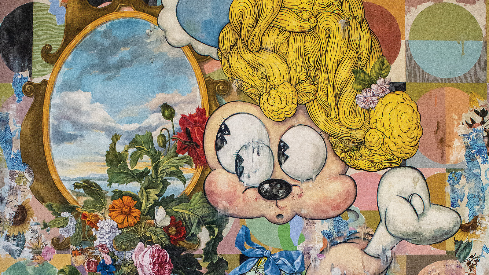 A illustrative collage of mickey mouse looking through an oval window.