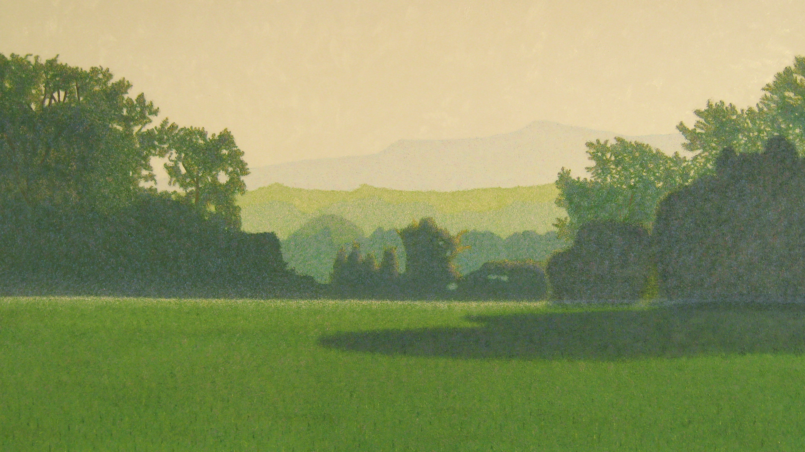 A landscape painting by Bruce Conklin, depicting a green field bordered by trees, with a pale yellow sky.