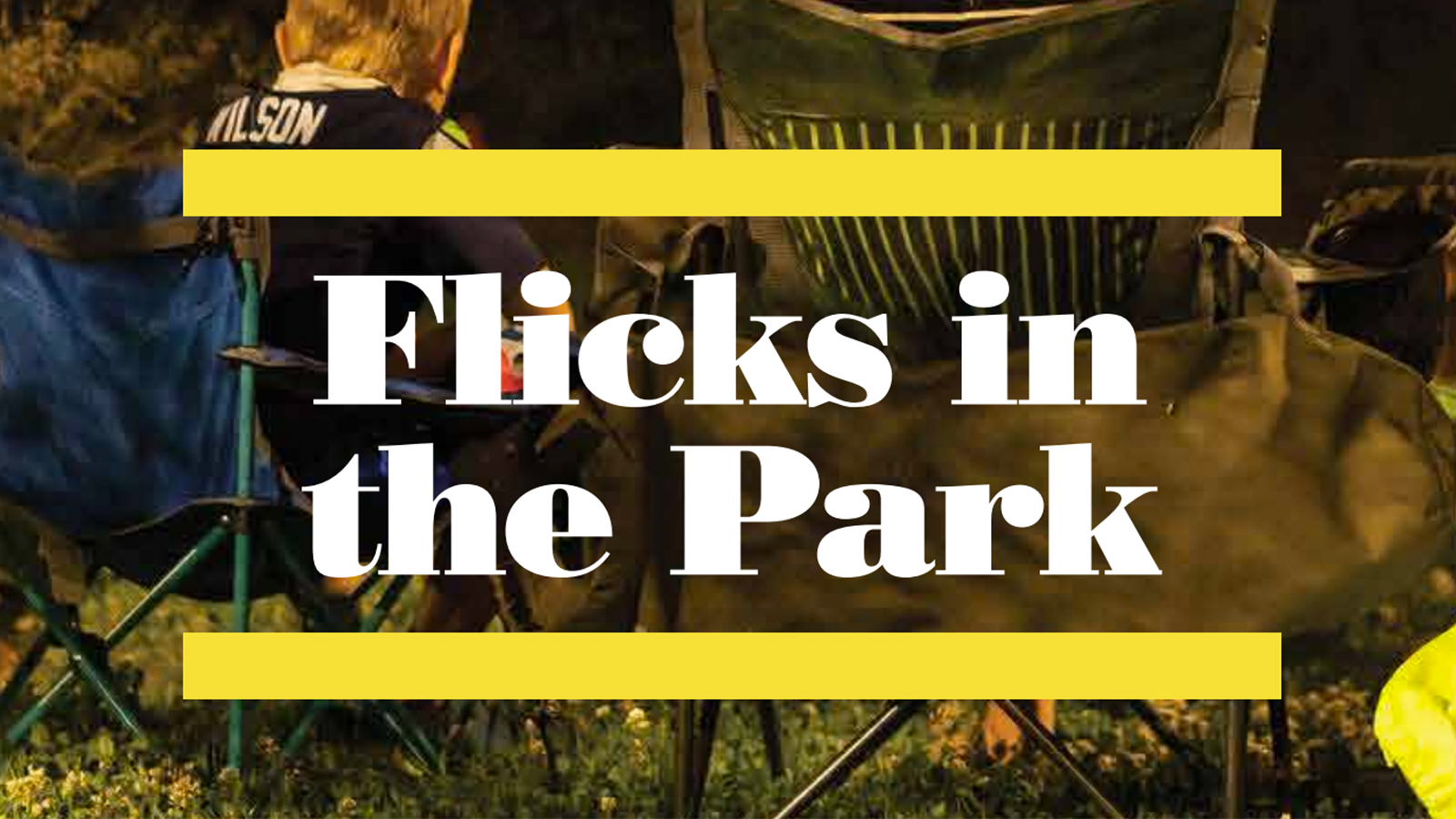 Flicks in the Park text against an image of people in lawn chairs in the park at night.