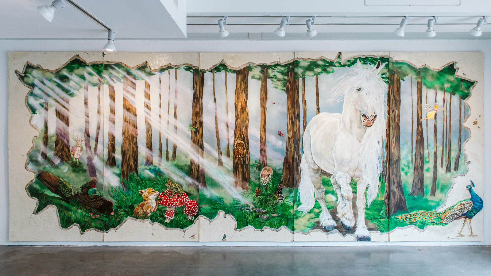 A mythical painting of a unicorn coming out of a magical sunny forest