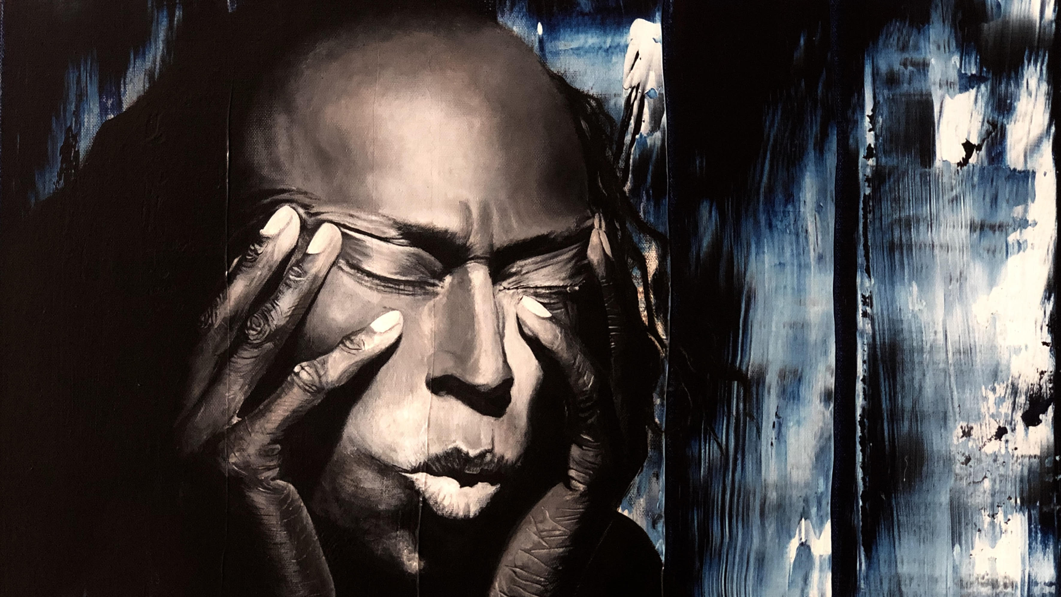 A painting of the head of an African American figure, eyes closed, holds their face in their hands against a background of abstracted boards rendered in blues and blacks.