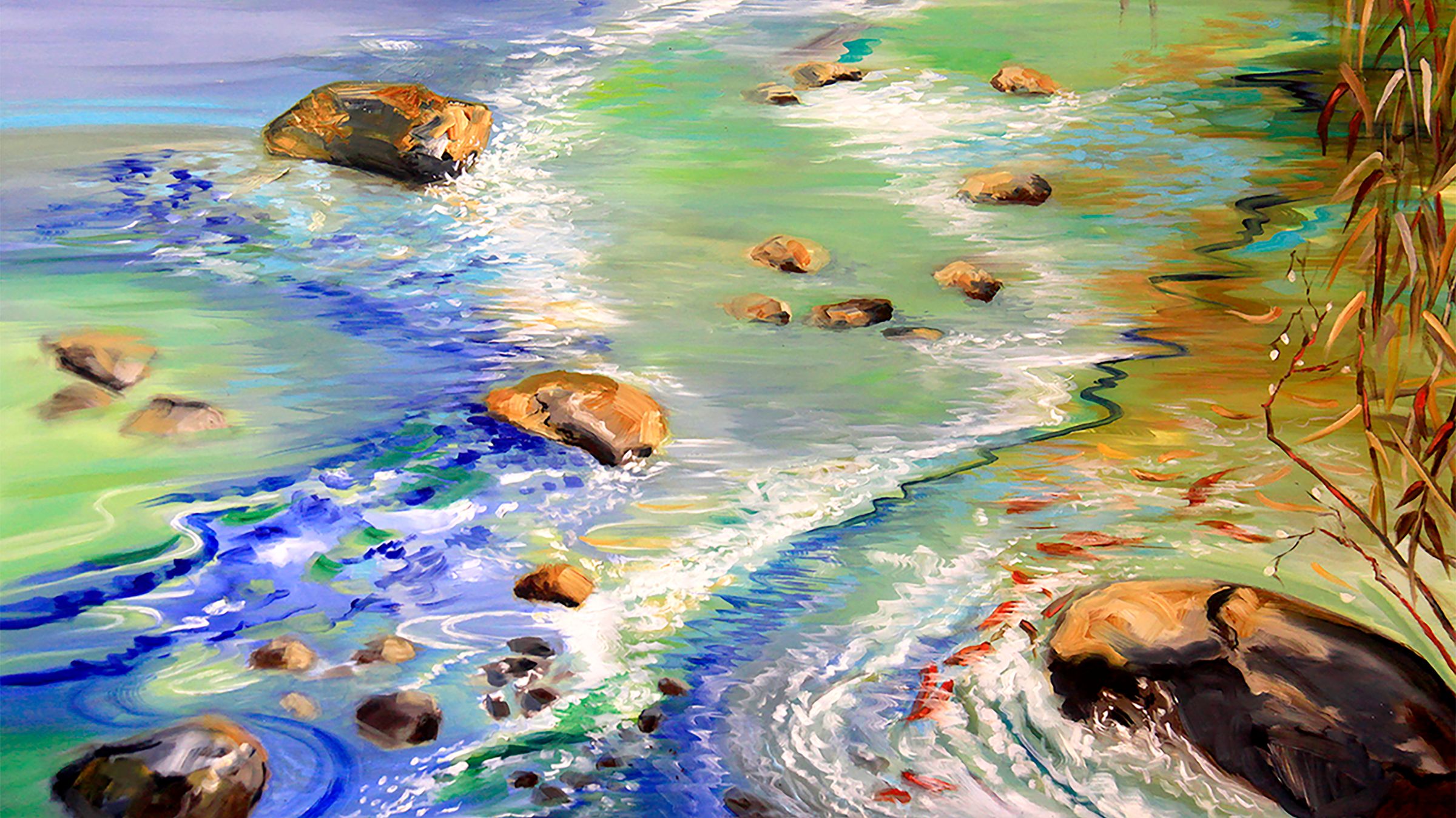 a painting by Jody Hawkins of a stream in shades of blue and green with golden brown rocks breaking through the shallow water