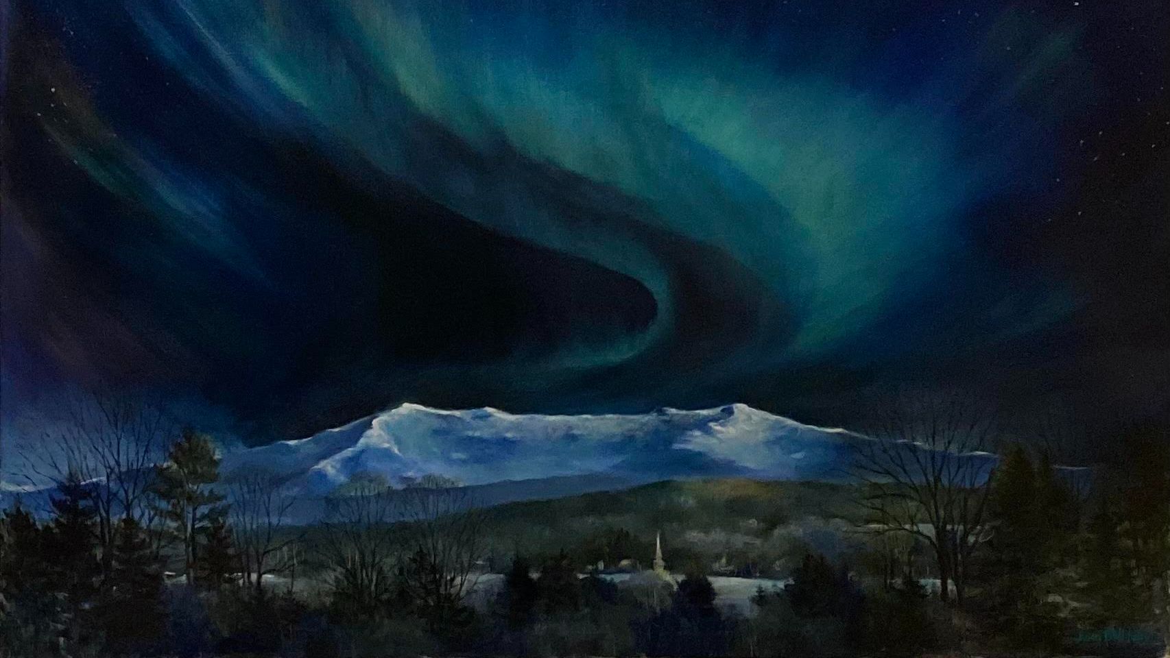A painting of aqua swirls of northern lights sweeping across a deep blue night sky, over snow topped mountains and a village ringed by evergreen trees.