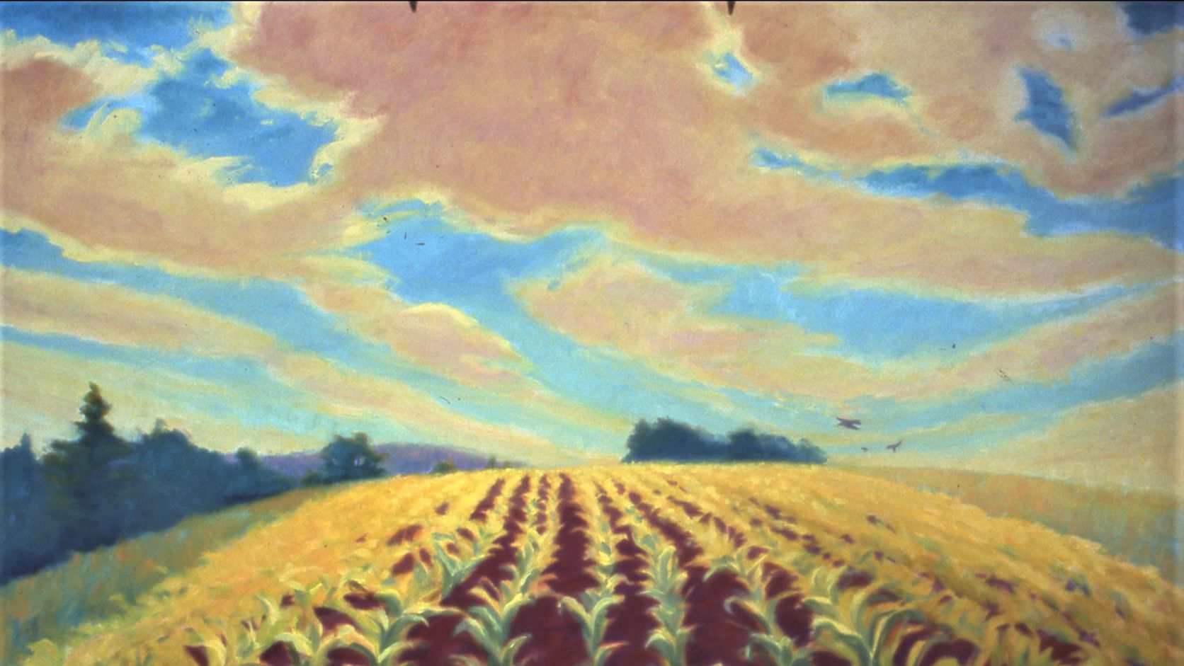 A painting of a field planted with rows of corn, receding into the background, with long stripes of clouds in a blue sky overhead.