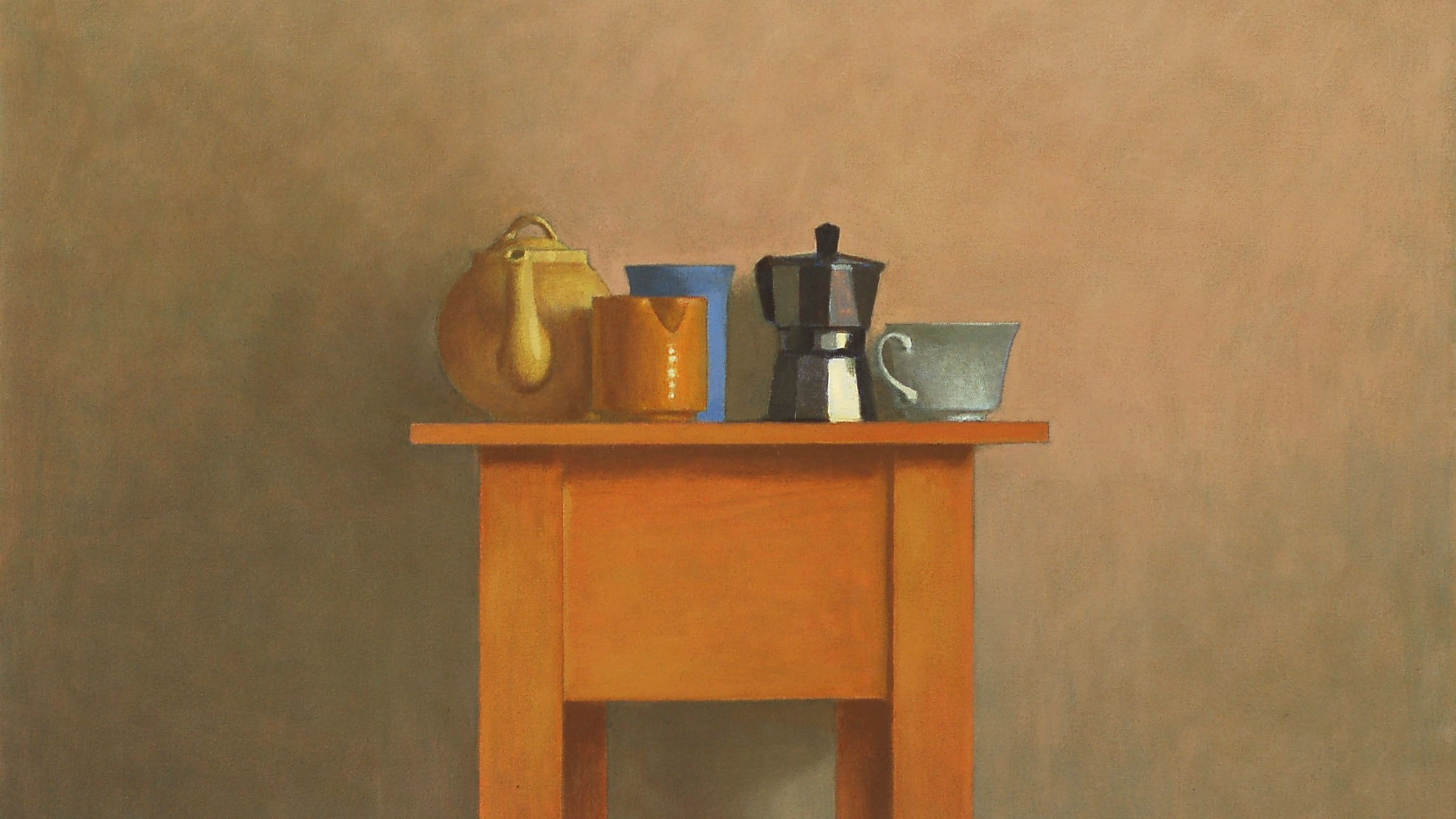 a still life painting of a group of teapots and mugs sitting on a small wooden table against a beige wall