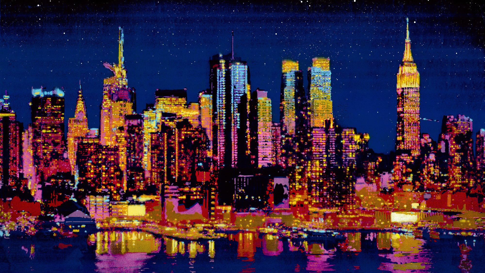 A painting of a city skyline at night with the buildings lit up with golds, pinks, and blues, and reflected in a river