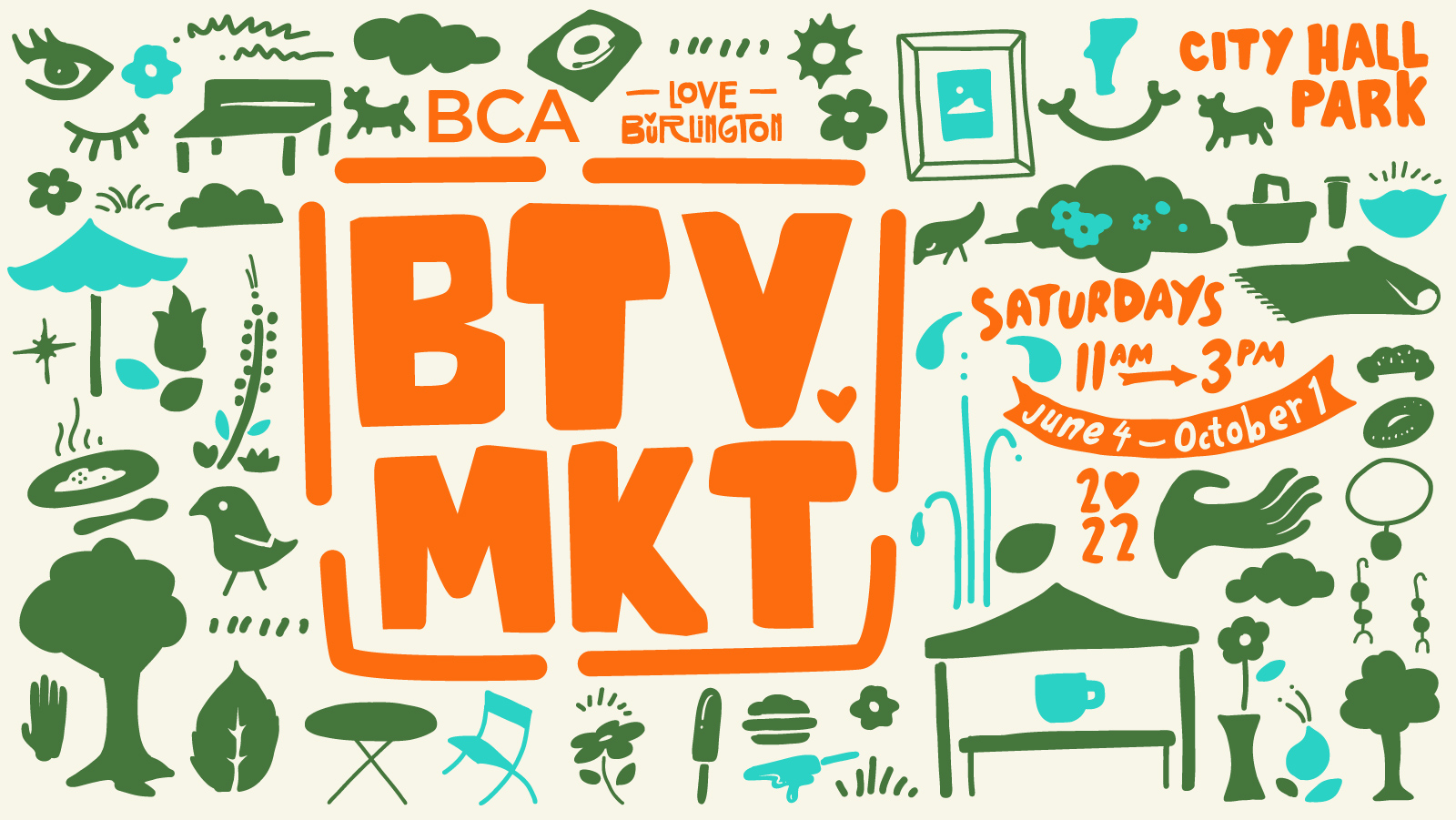 BTV MKT and surrounded by hand drawn illustrations of birds, trees, picnic baskets, umbrellas, benches, dogs, and graphic shapes