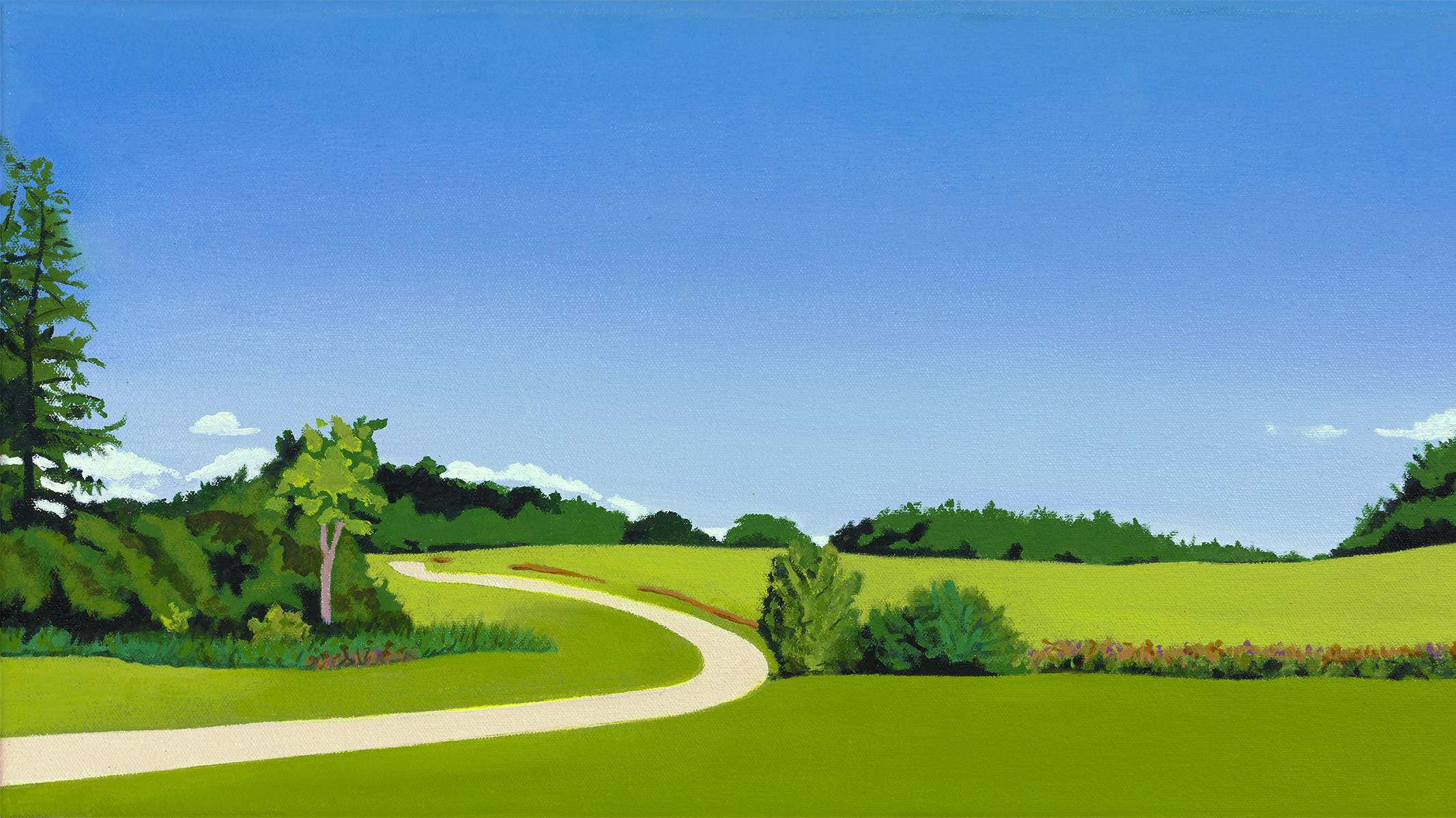 A painting of a beige road running through vibrantly green meadows and gently rolling hills dotted with trees, with a blue sky above