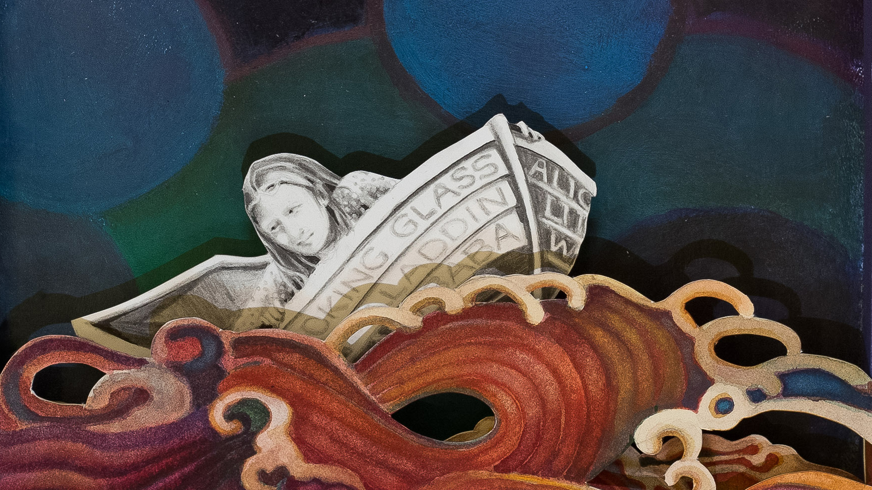 a painting of a woman in a row boat, in whites and greys, being tossed by abstract swirling waves in shades of rust, magenta, and cream, with a background of blue and green curvilinear abstract shapes