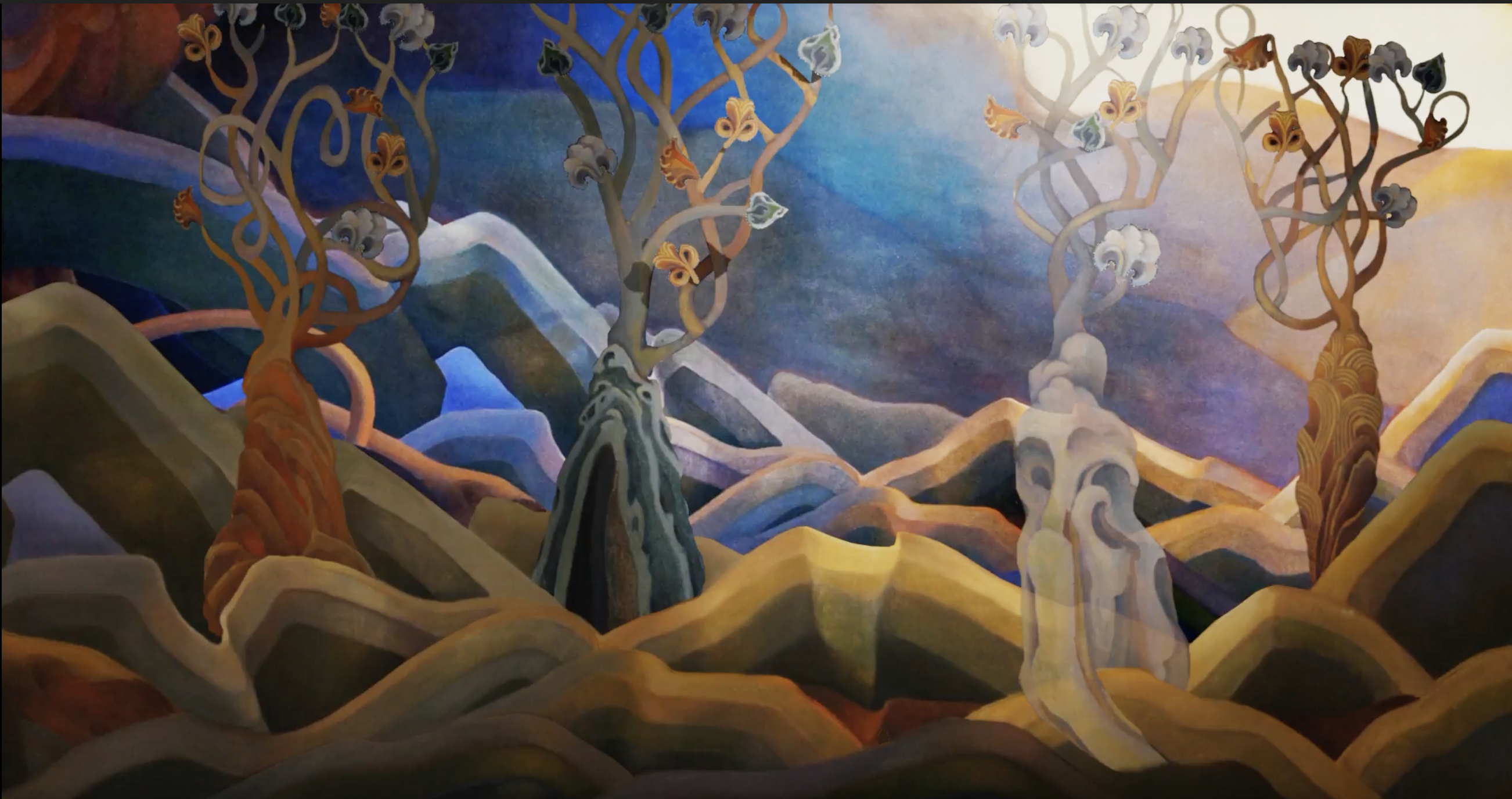 A still from an animated video with geometric stylized olive green and purple rolling hills, punctuated by flowering trees in shades of grey and brown against a purple and indigo sky.