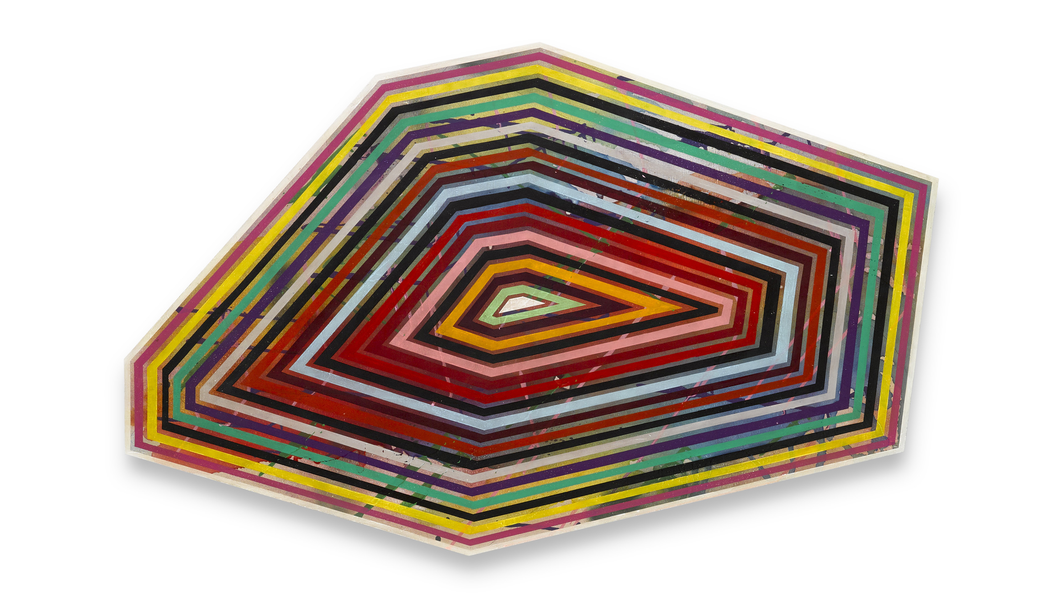 A photograph of a vibrant multi-colored striped geometric painting on a panel on a white background