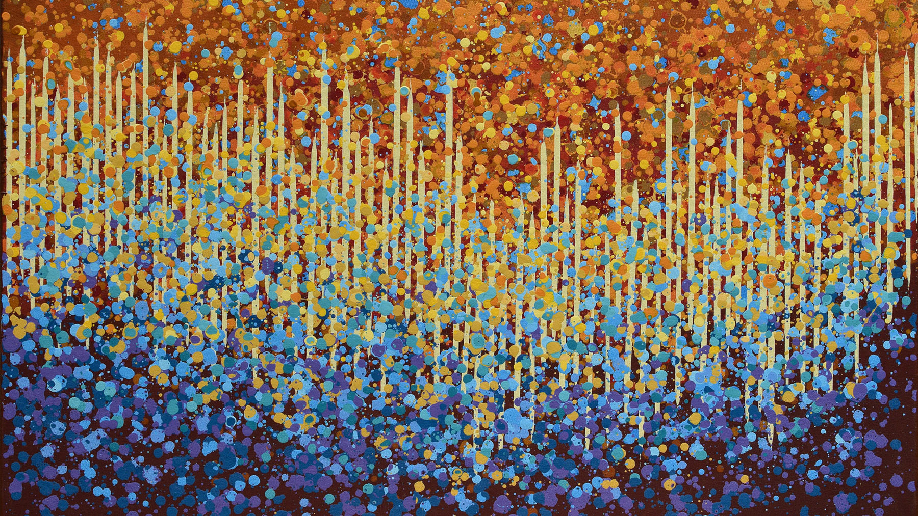 An abstract paintings of pointillistic dots in bands of shades or orange above, blue below with a variegated line of pale yellow in the middle 