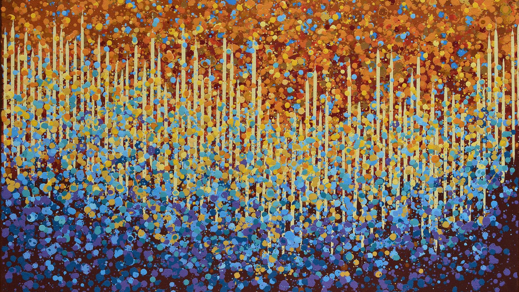 An abstract paintings of pointillistic dots in bands of shades or orange above, blue below with a variegated line of pale yellow in the middle