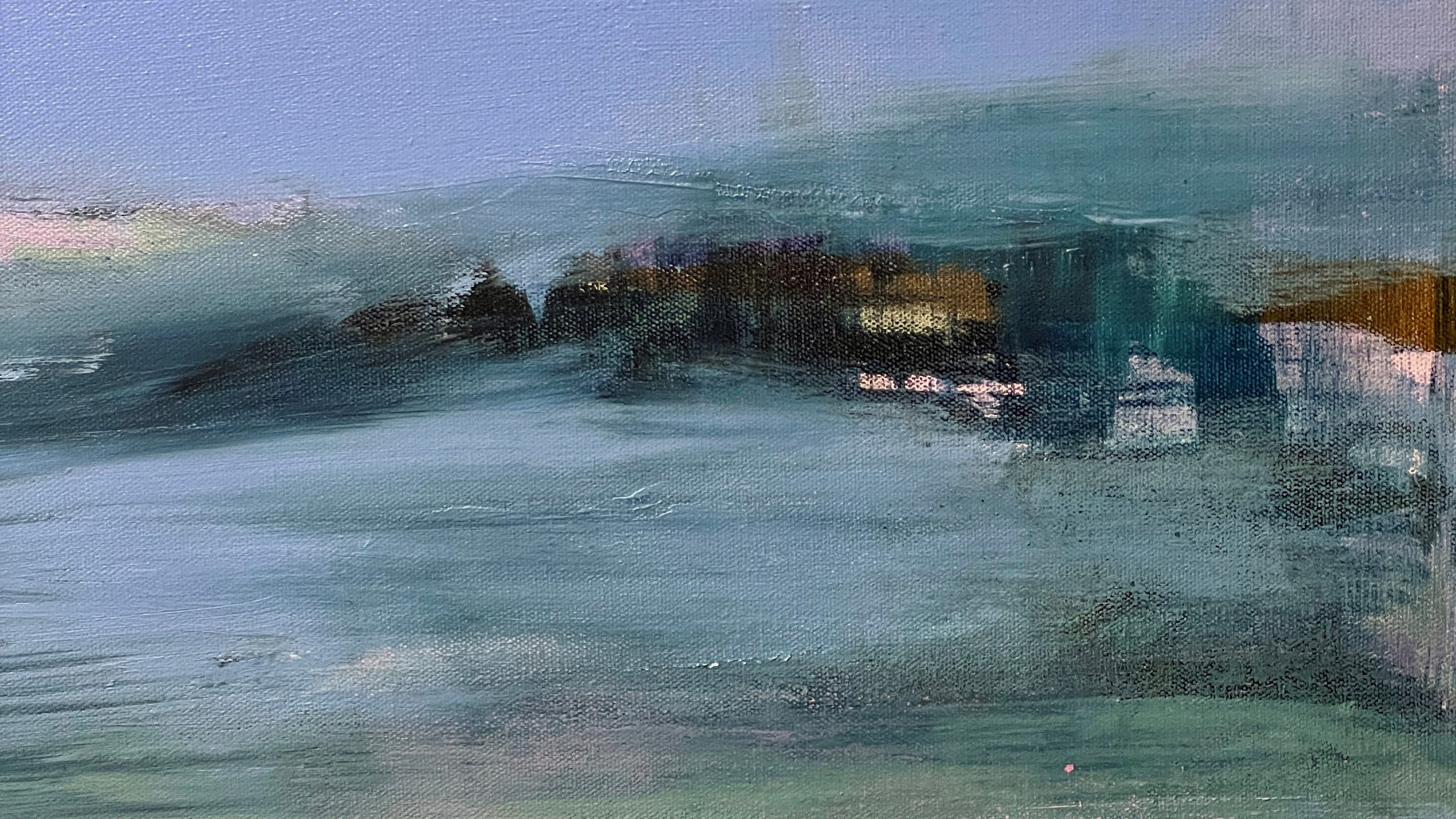 An abstract landscape painting with brushy horizontal waves of blues and greens and blocks of brown and cream that resemble a village