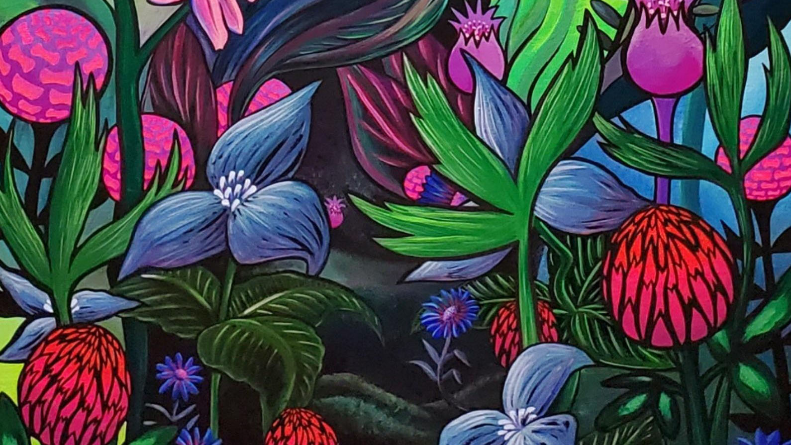 a painting of blue trillium, red clover, and purple bee balm with lush greenery in deeply saturated colors