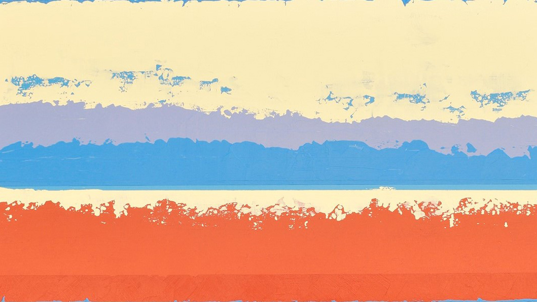 an abstract landscape painting made up of brushy horizontal bands of orange, cream, blue, and purple