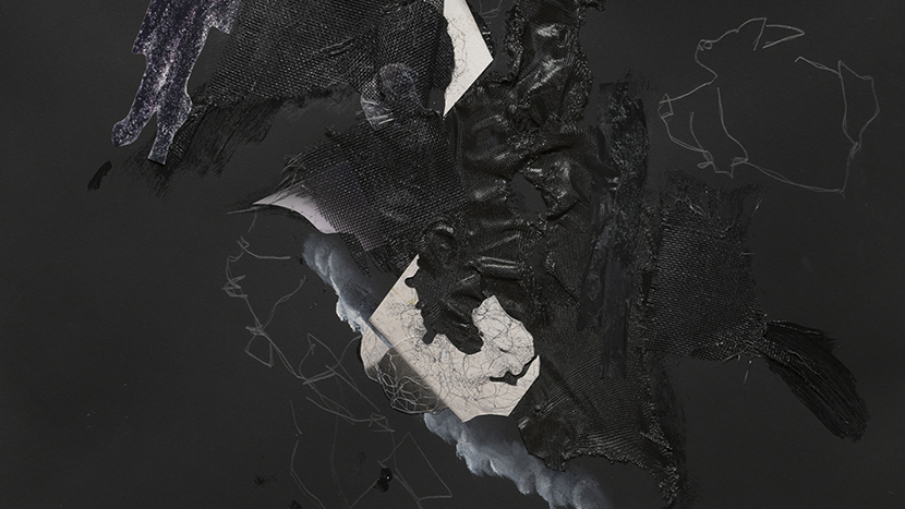 an abstract mixed media piece with white lines and painted forms and black textiles layered over each other on a black background