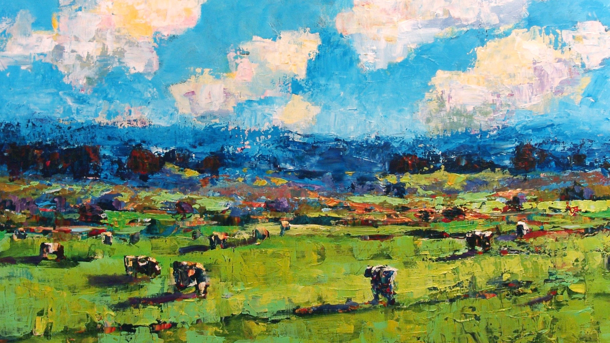A painting of cows in a green field with a blue sky dotted with clouds overhead executed with brushy, gestural visible brushstrokes