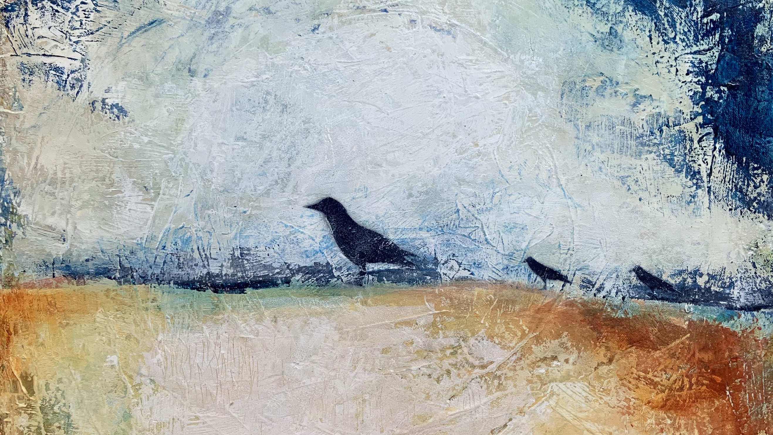 a painting of one large and two small abstracted birds perched on brown earth with white and dark blue sky in the background. All rendered with textured visible brushwork 