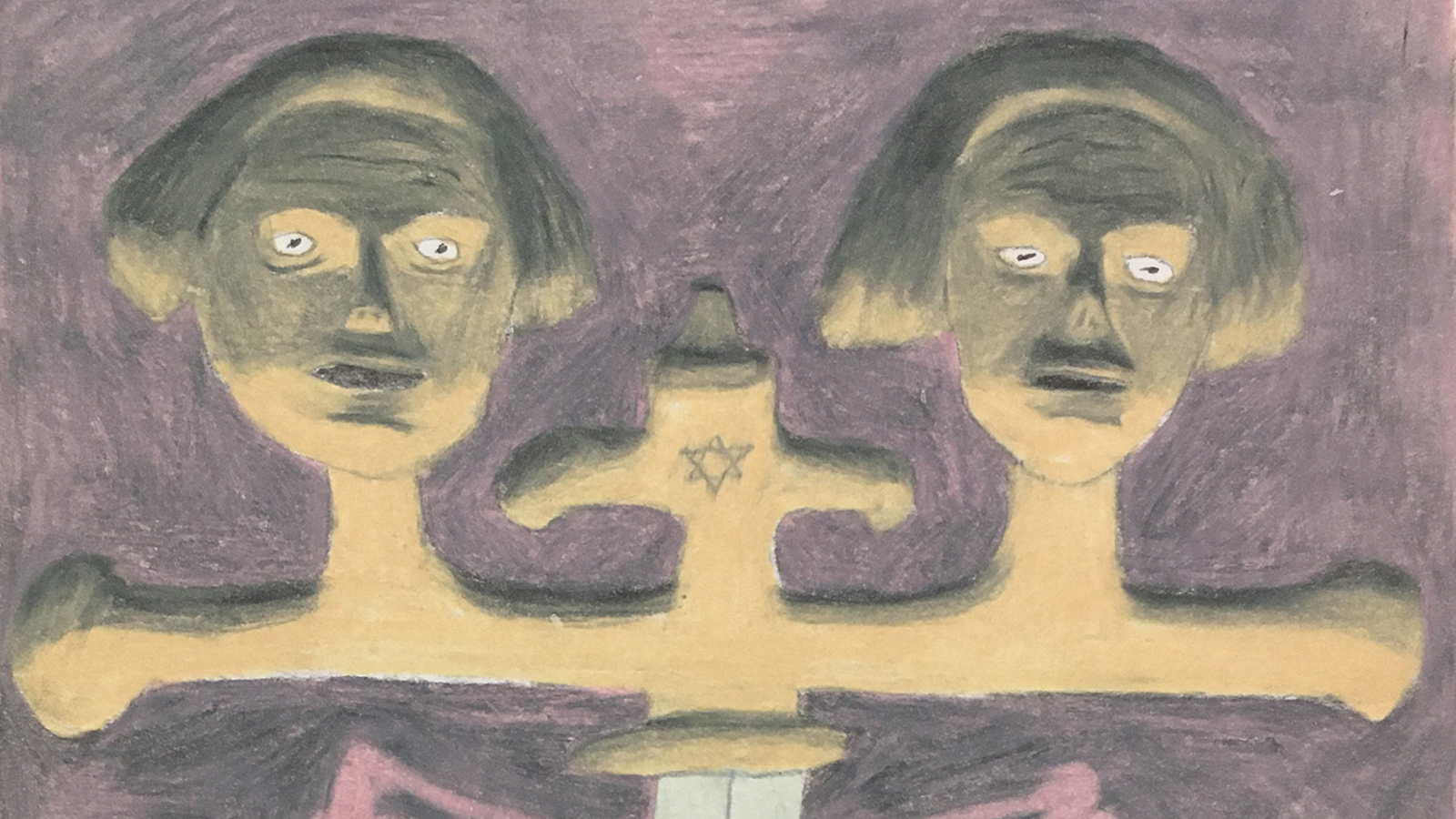 A drawing of a doubled handled sword hilt with two human faces and a decorative knob with a star of david between them against a purple grey background
