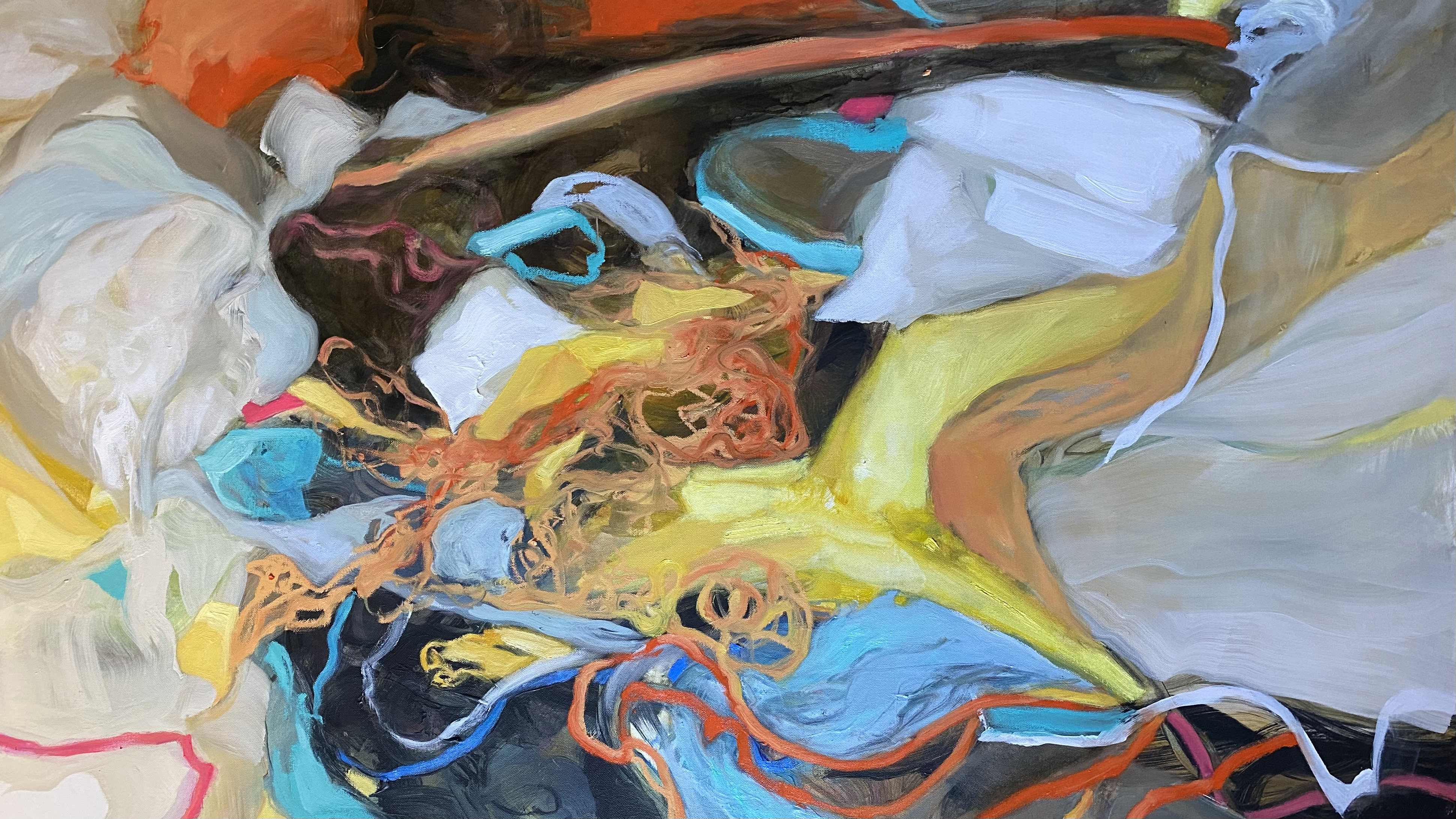 An abstract painting painting of intertwining rivulets of different widths of cream, yellow, blue, orange, and black