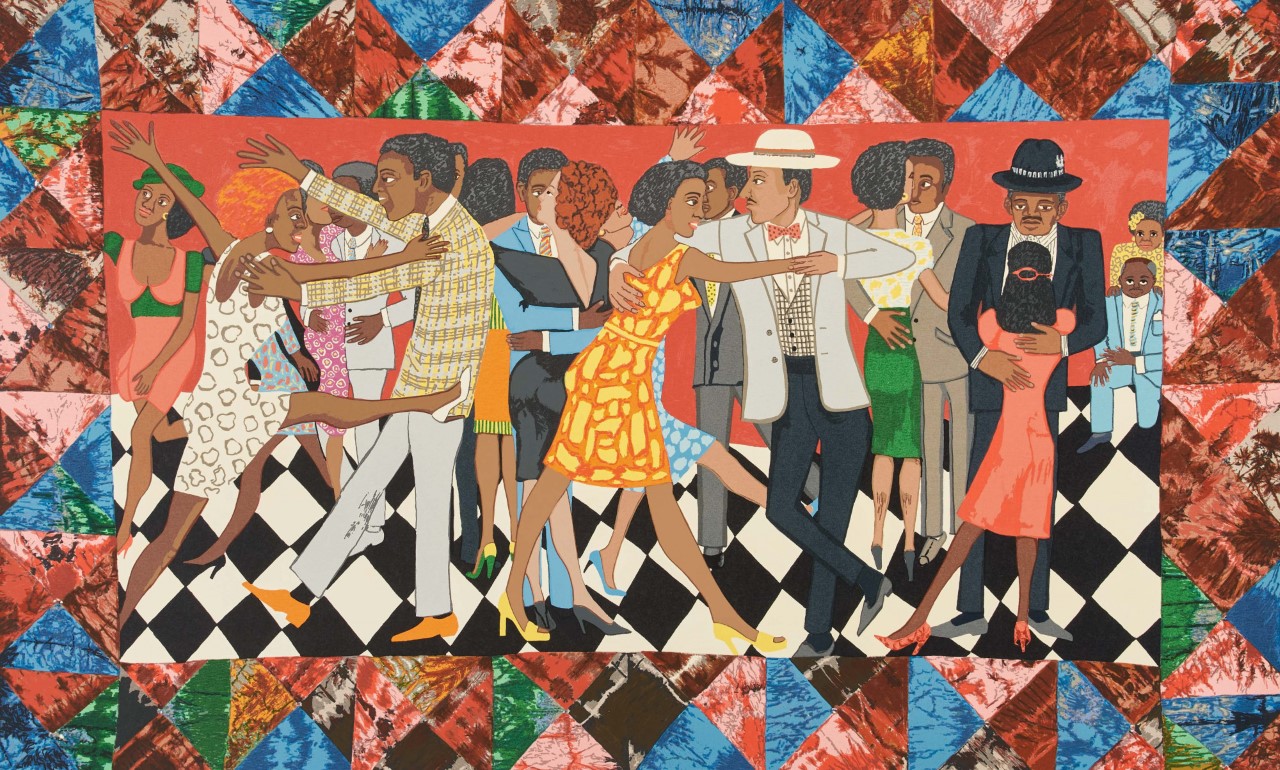 A painting of a crowd of dark skinned men and women, paired off and dancing with each other across a black and white checked tile floor. The women wear colorful knee length dresses and high heels and the men wear blazers and a few wear wide brimmed hats. A geometric border of burgundy, blue, green and pink triangles surrounds the scene