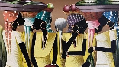 a painting depicting a cluster of very dark skinned, featureless women. They all wear light yellow dresses, headscarves, and some balance colorful baskets on their heads 