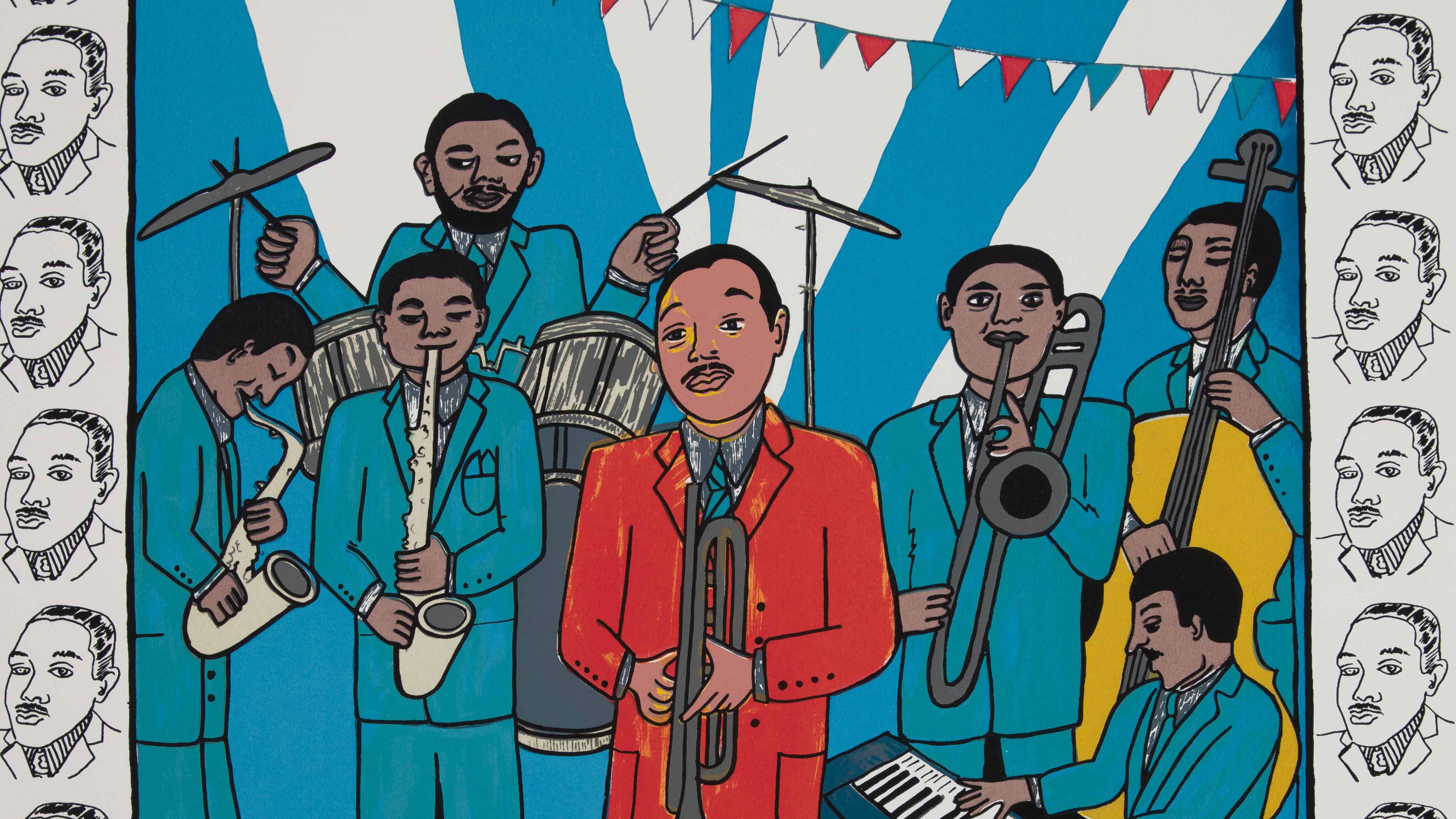 A silkscreen that depicts a dark skinned man wearing a red suit, surrounded by other dark skinned men wearing blue suits playing various musical instruments. The image is bordered by repeated black and white images of the man in a red suit's face