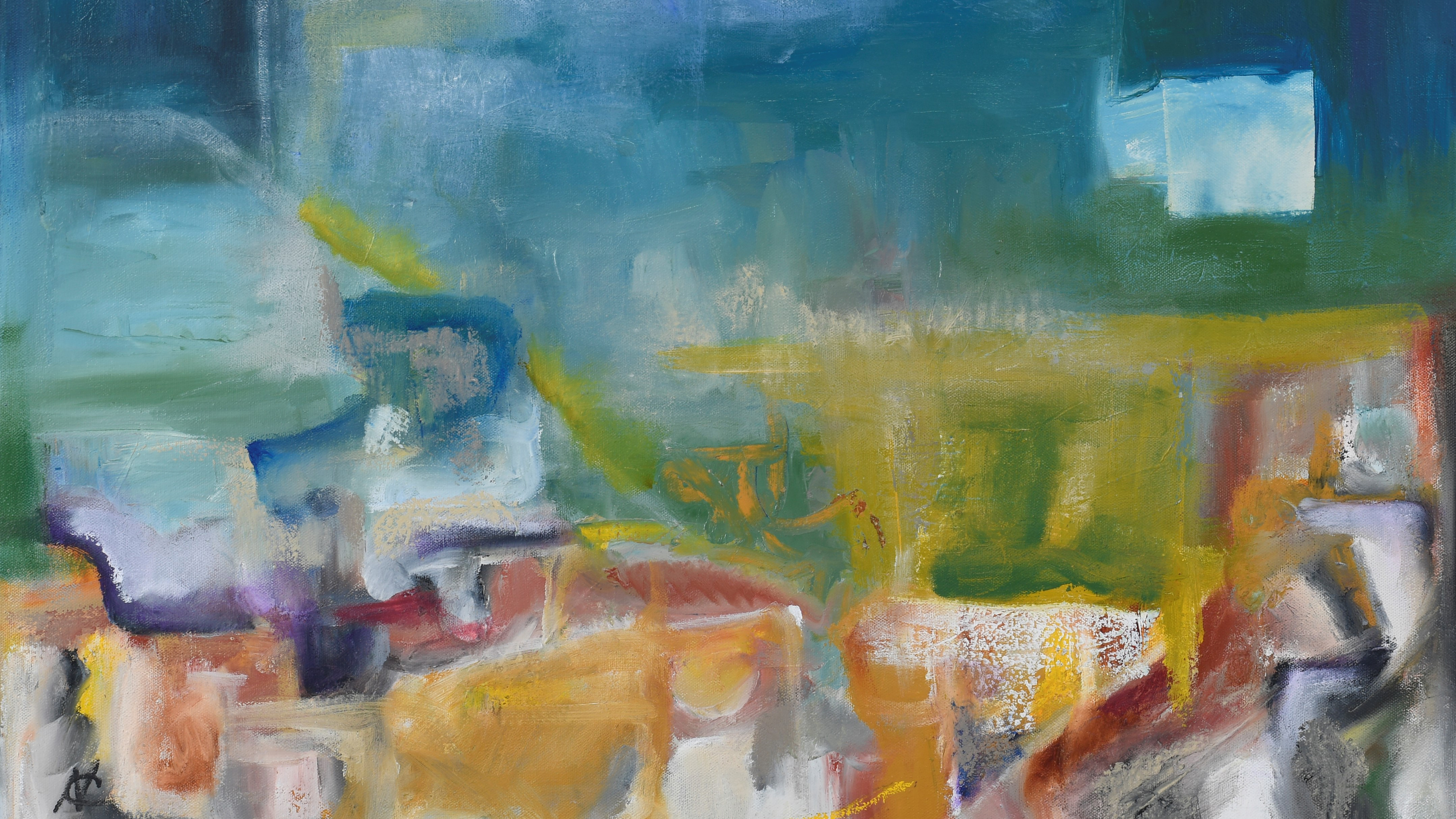 An abstract painting that suggest a landscape with brushy blocks of grey, gold, and white across the bottom with a field of blue green above punctuated with a blob of white 