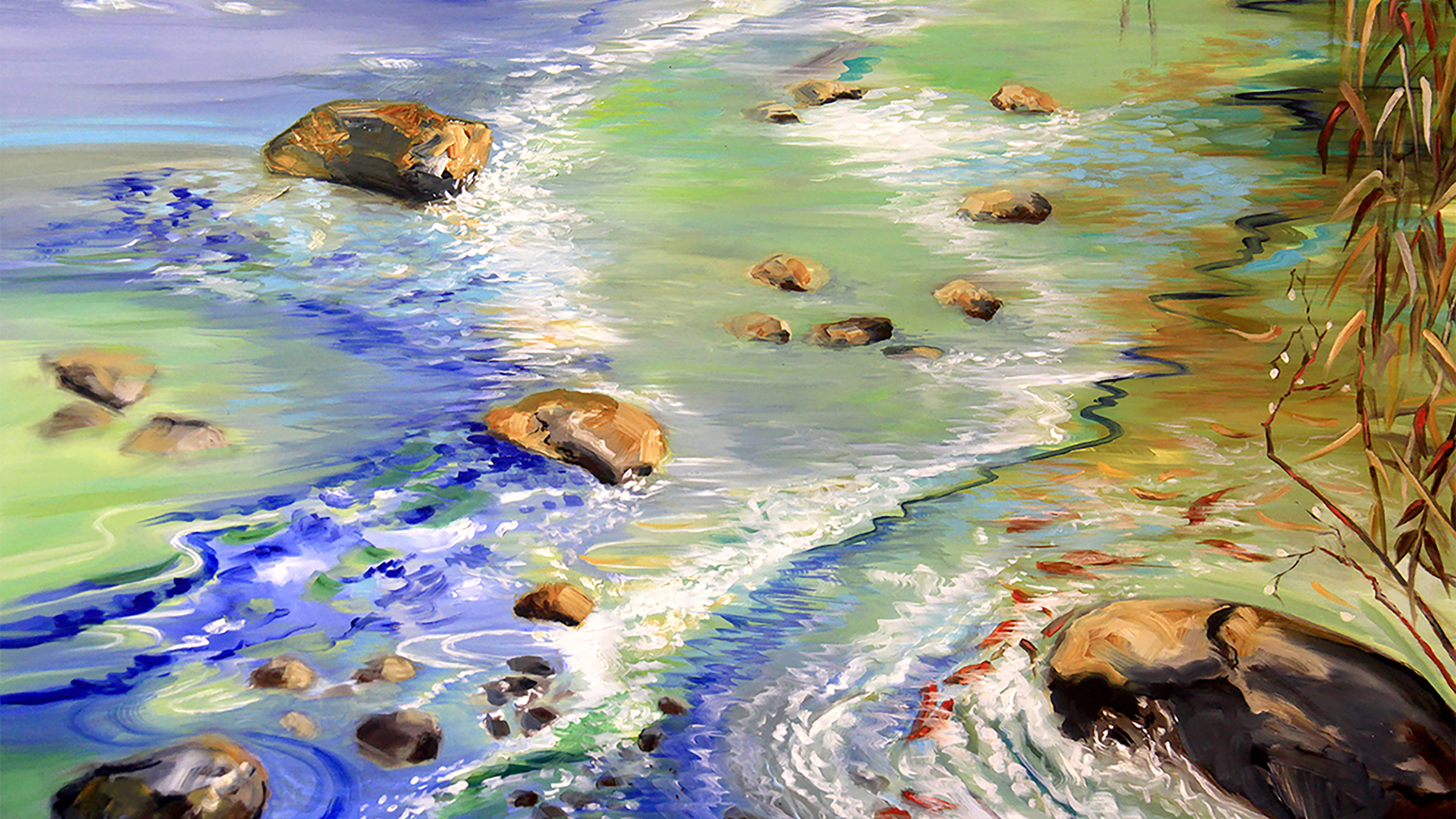 A painting of a blue and green river, punctuated by grey rocks with yellow green willow branches brushing the edge of the water