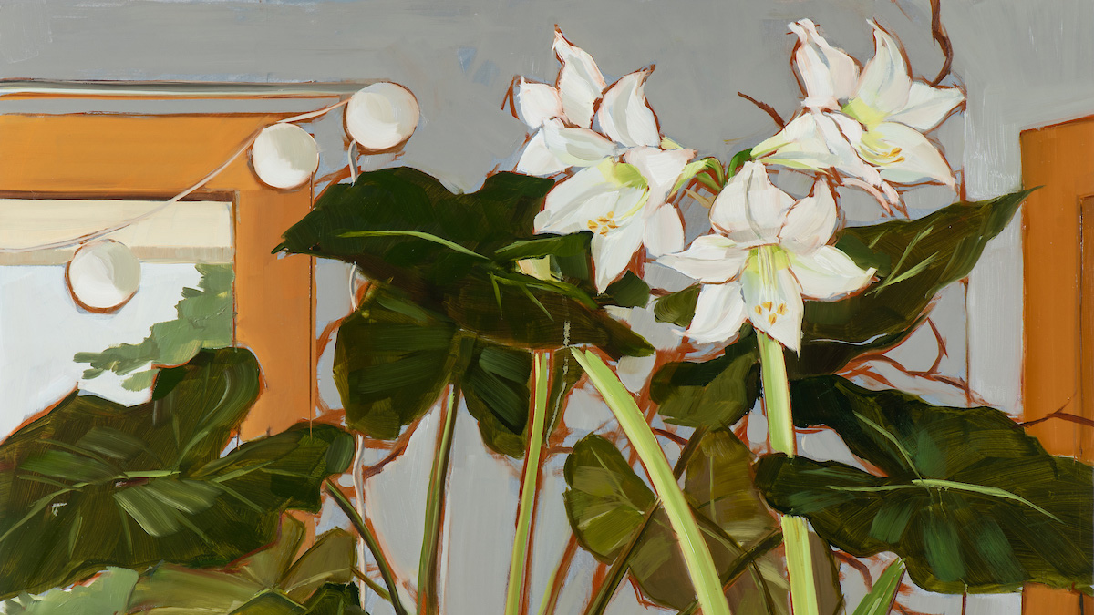 A painting of a cluster of white flowers amongst dark green leaves seen against a backdrop of grey walls and blonde wood window frames, one stung with round white lights