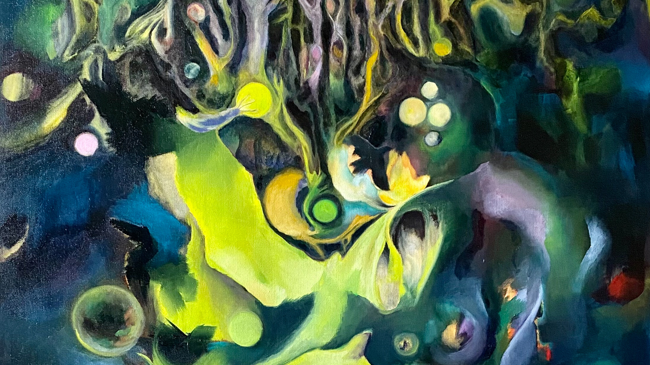 An abstract painting with organic curvilinear forms and circles in dark blues, purples, jungle green, and lime green. 