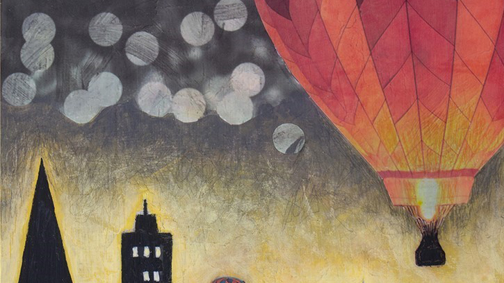 A collaged painting of a red and orange hot air balloon floating against a grey night sky, with the yellow glow of a city below. A few black buildings with illuminated windows are visible below and pale grey bubbles float alongside the balloon