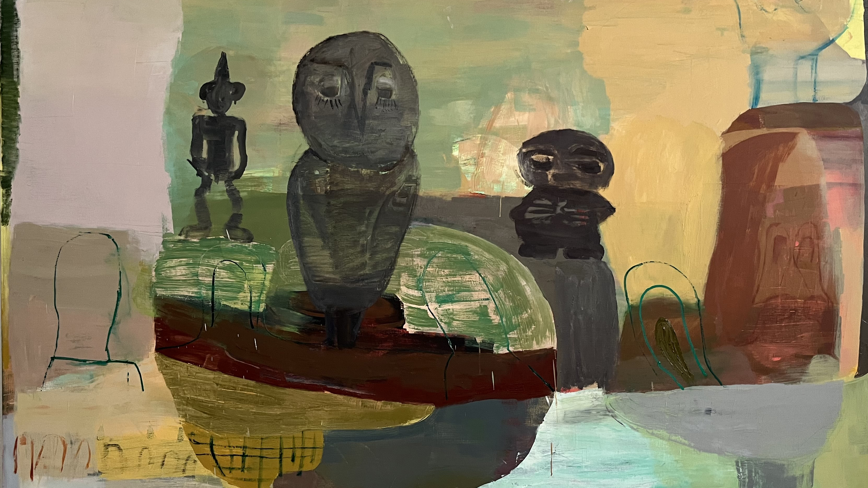 A painting with a background of abstract organic forms in grey lavender, brown, yellow beige, grey green, and ochre, overlaid with figures in grey black that resemble an owl, a thin human form with a pointy hat and a short, wide human form.