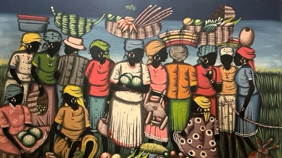 A painting of a group of featureless dark skinned women who wear brightly colored clothes, headscraves and some balance large baskets on their heads