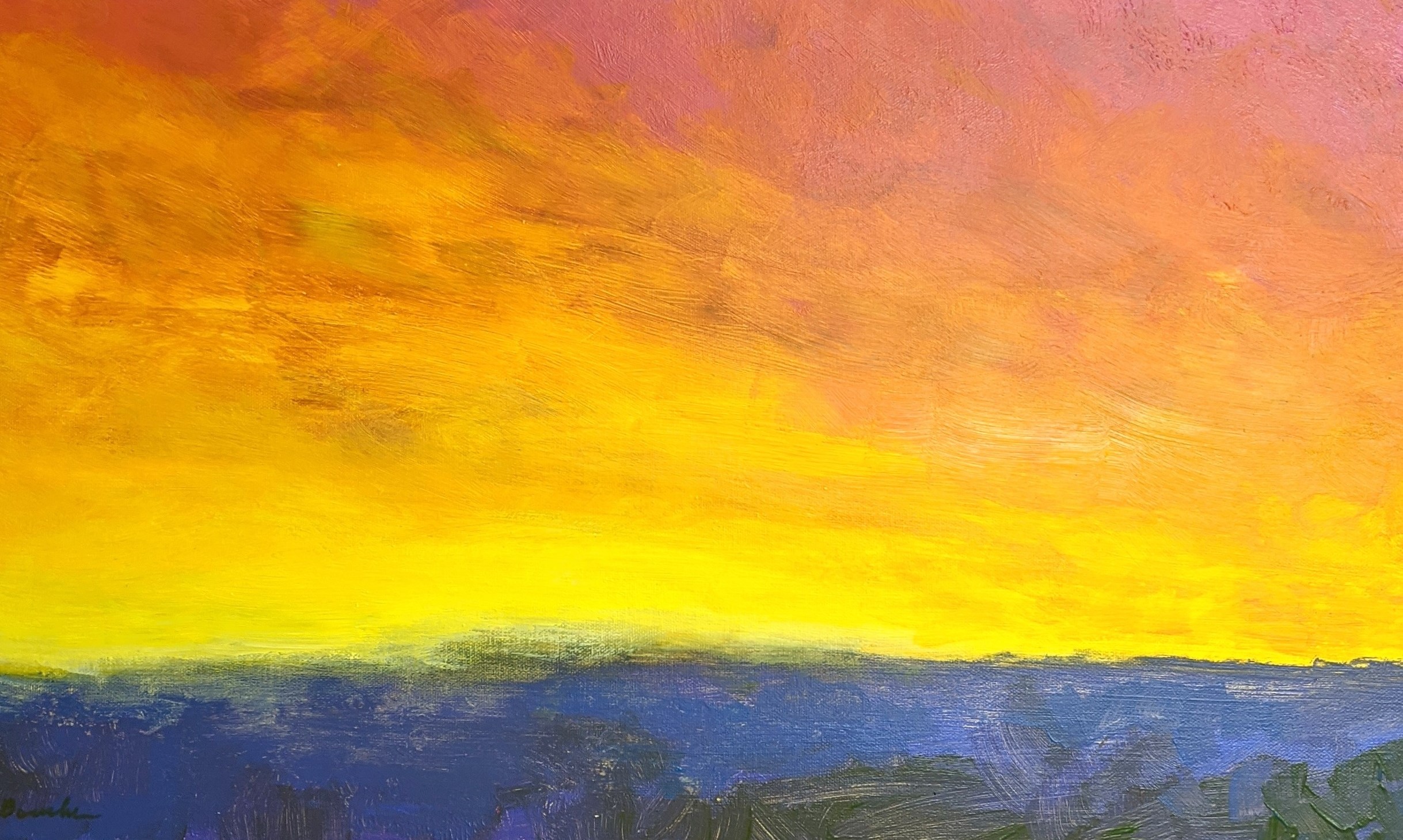 A painting of a yellow and orange sunset over a dark purple mountain range.