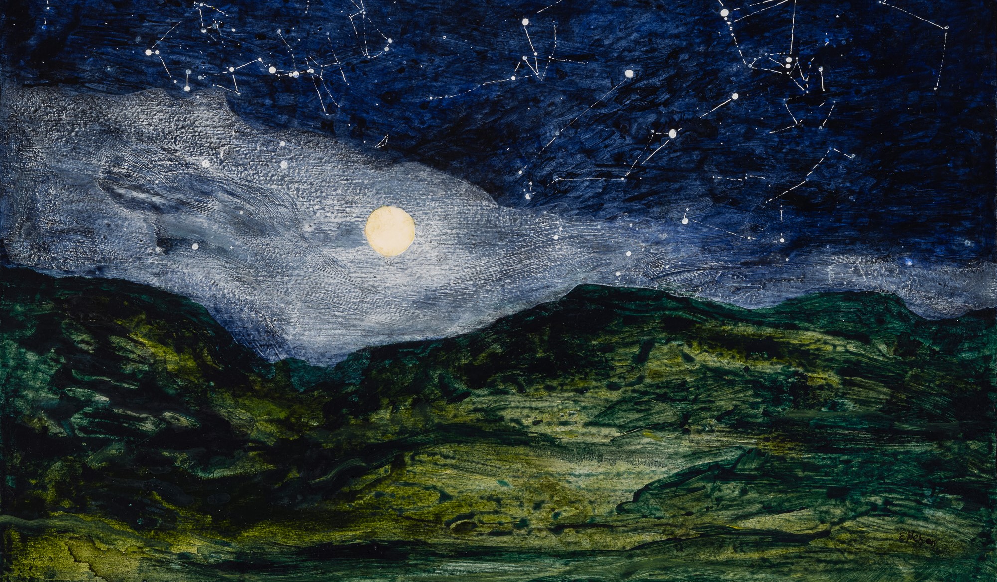 A painting of a Vermont landscape beneath a night sky.