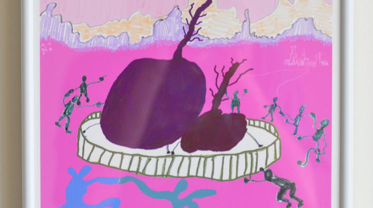 A surreal painting of two massive beets being danced around in a pink desert landscapre.