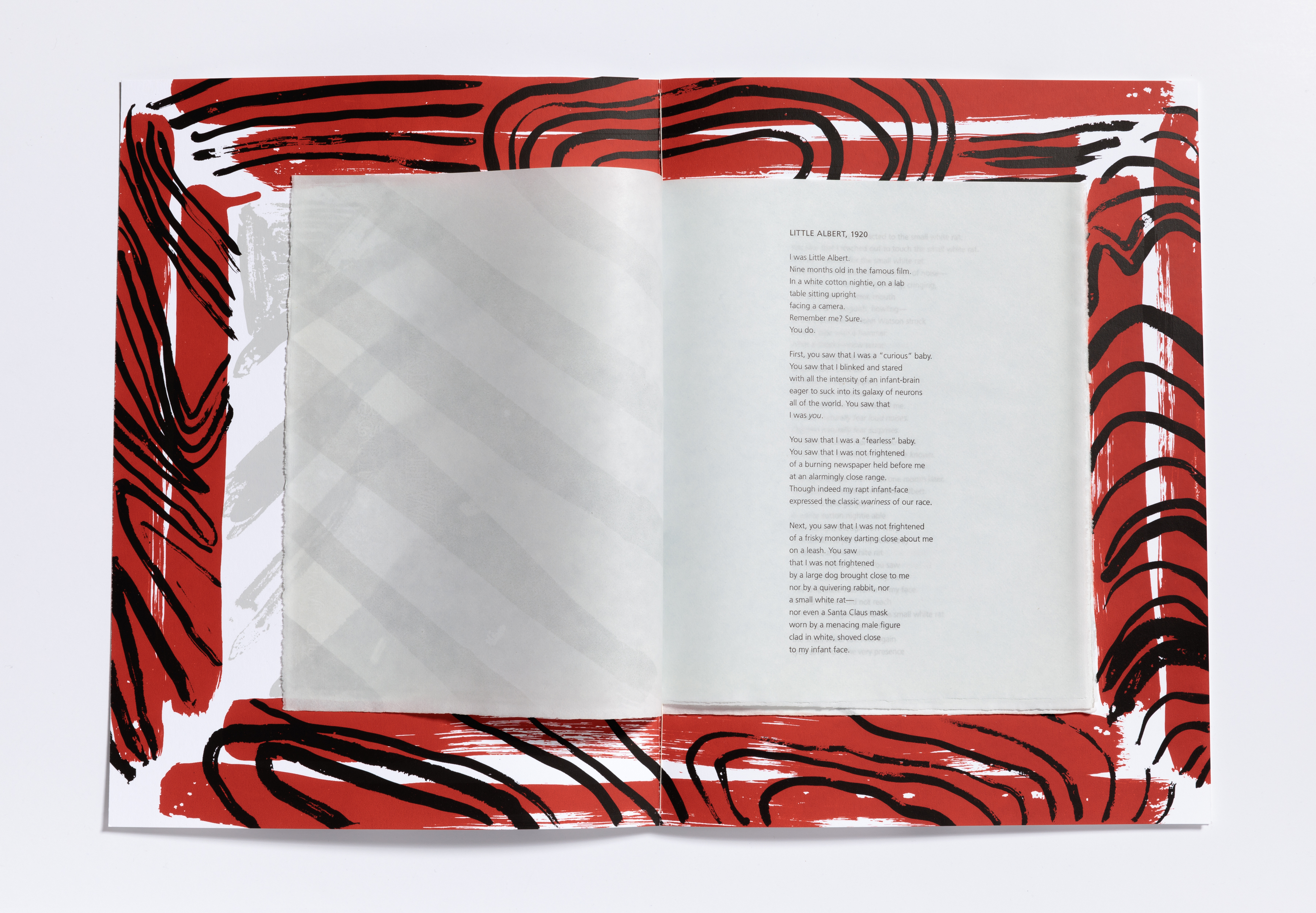 An image of an open book surrounded by an elegantly stylized red border.
