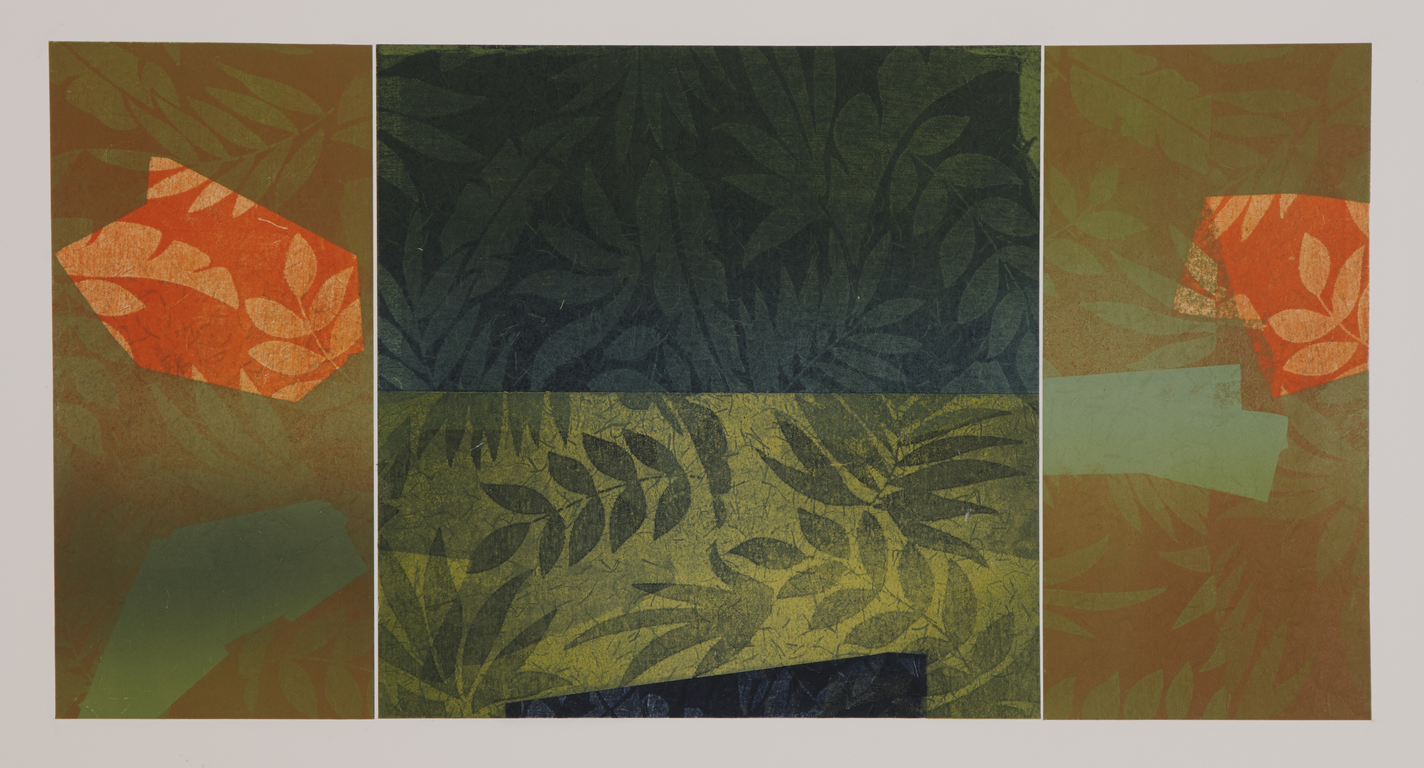 an abstract mixed media print that is mainly blue, green, and orange. 