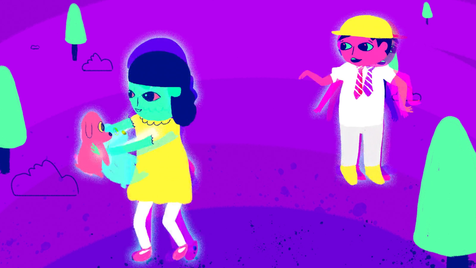 a still from an animation featuring 2 youth characters. One character holding a small puppy