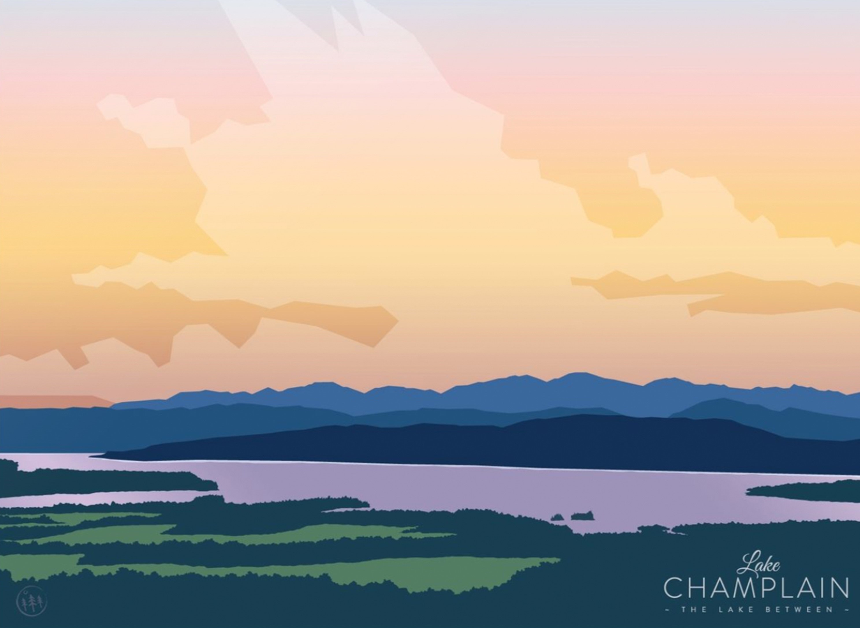 Digital illustration, dusk view of Lake Champlain and Adirondacks 