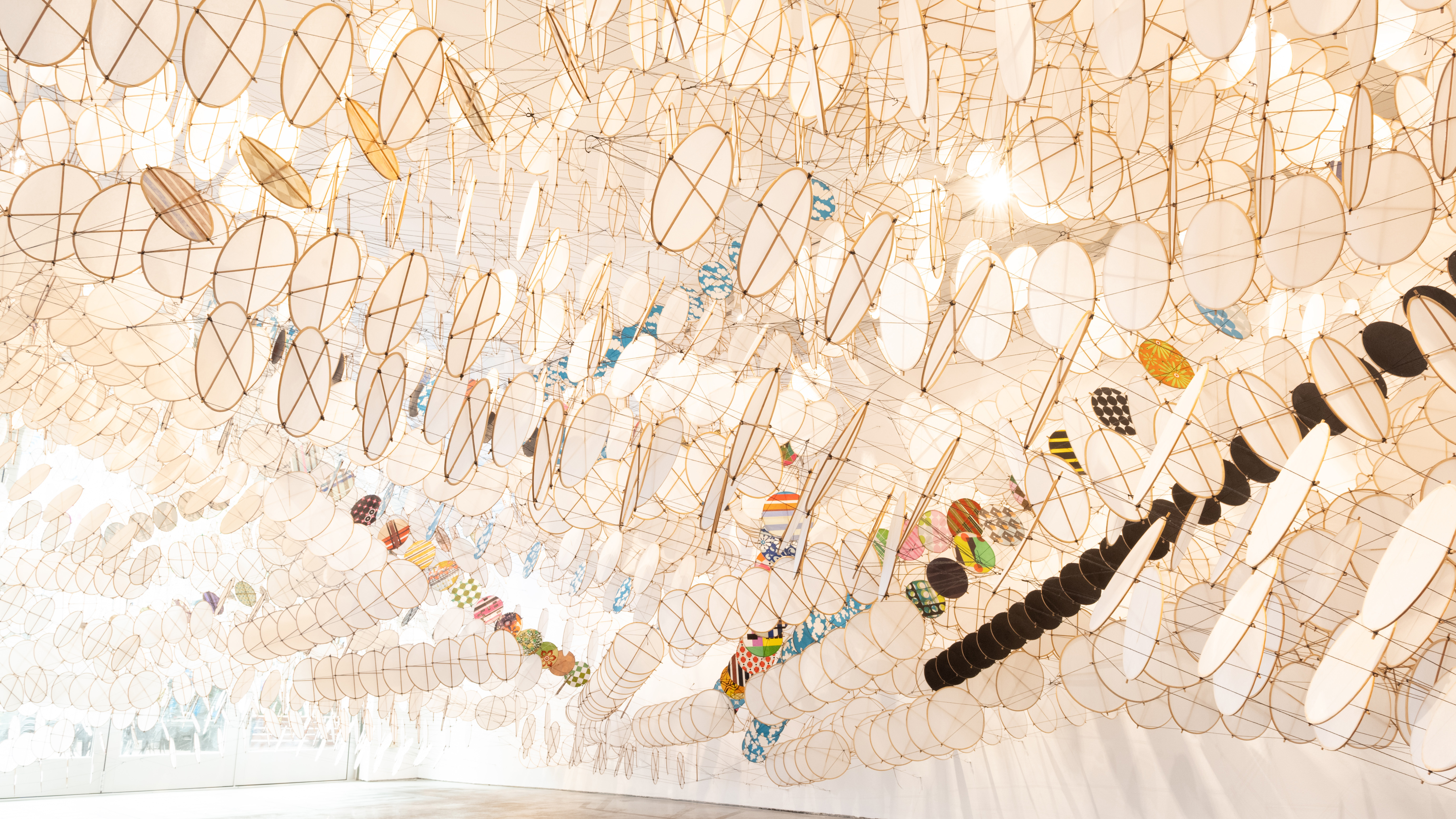 a photograph of an installation in the BCA Center gallery by Jacob Hashimoto made up of hundreds of paper discs, suspended in lines from the ceiling and walls